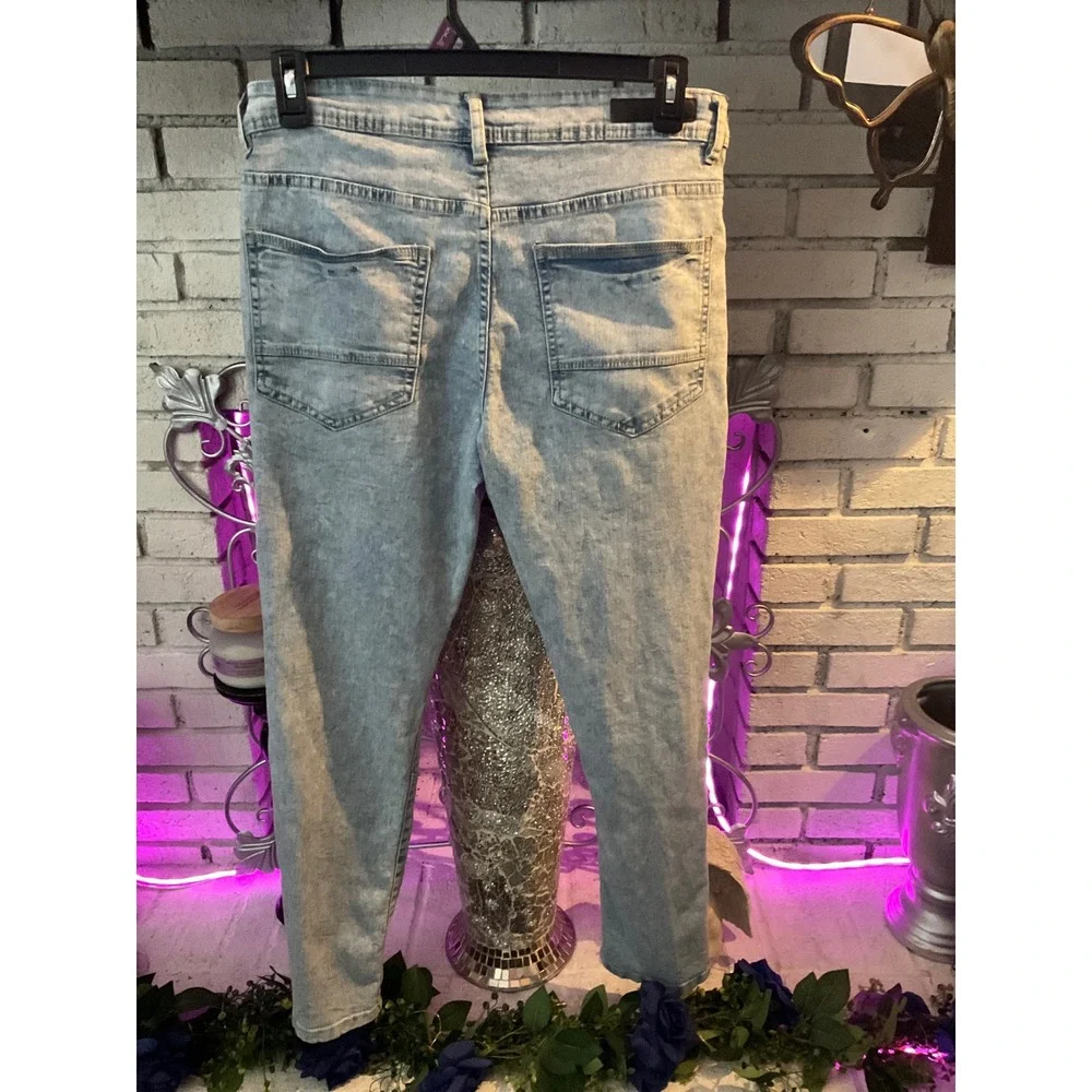 Modern Culture Mens Light Wash Slim Moto Jeans Blue Acid Wash Denim Zippers